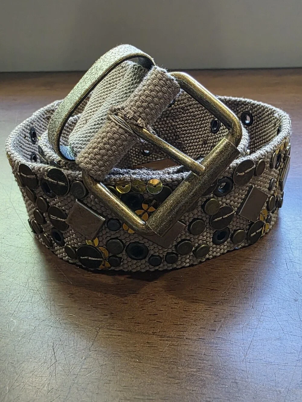 Boho Embellished Canvas Belt Taupe Brass Studded Sequin Size  S/M
